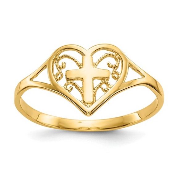 Solid 10K Yellow Gold Women's Heart with Cross Ring Size 6.75 - Picture 1 of 4